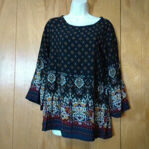 Risesun Women's Medium 3/4 Bell Sleeve Pullover Blouse Boho Peasant Paisley
